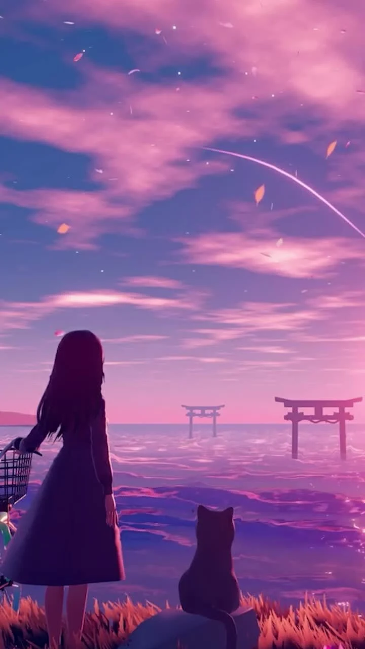 Anime Girl and Cat at Sunset - Anime Illustration iPhone Wallpaper (720x1280)