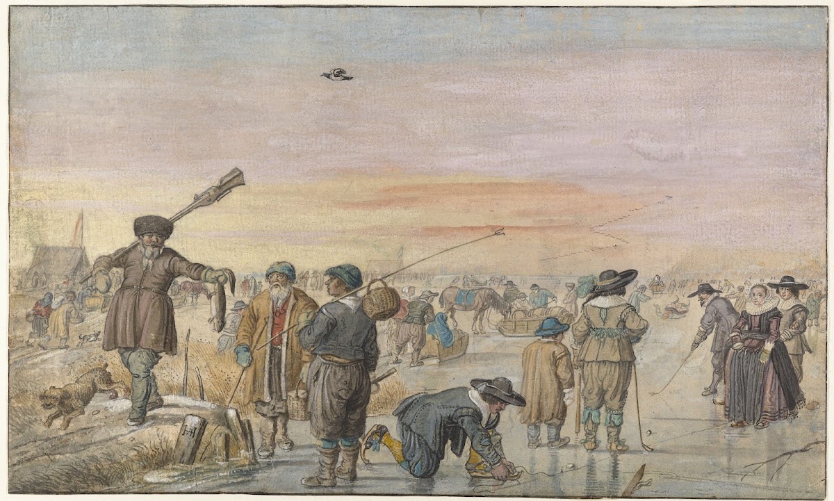 Winter Scene on the Ice with a Hunter Showing an Otter c 1625   c 1630