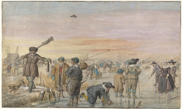 Winter Scene on the Ice with a Hunter Showing an Otter c 1625   c 1630