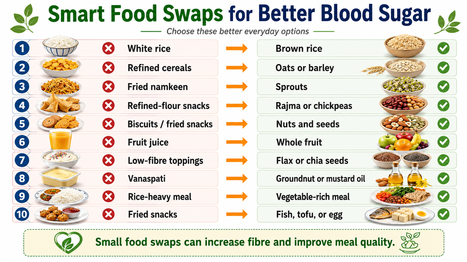 Smart food swaps for better blood sugar and meal quality.