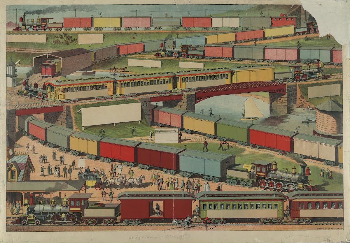 Zig zag passenger and freight train 1885