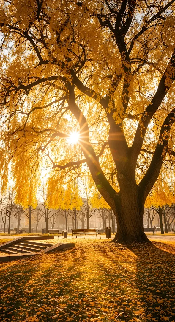 Golden Autumn Sunlight Through Majestic Park Tree