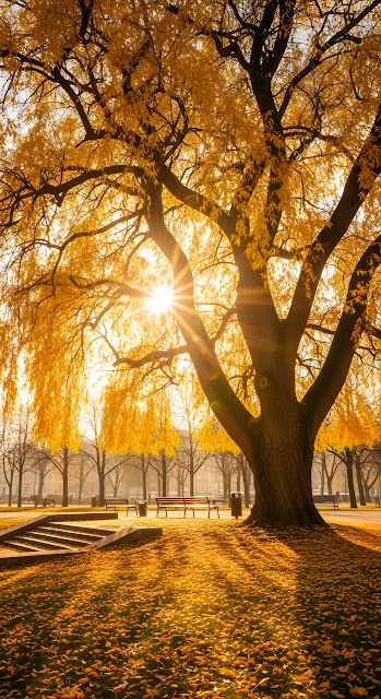 Golden Autumn Sunlight Through Majestic Park Tree - Free mobile Wallpaper