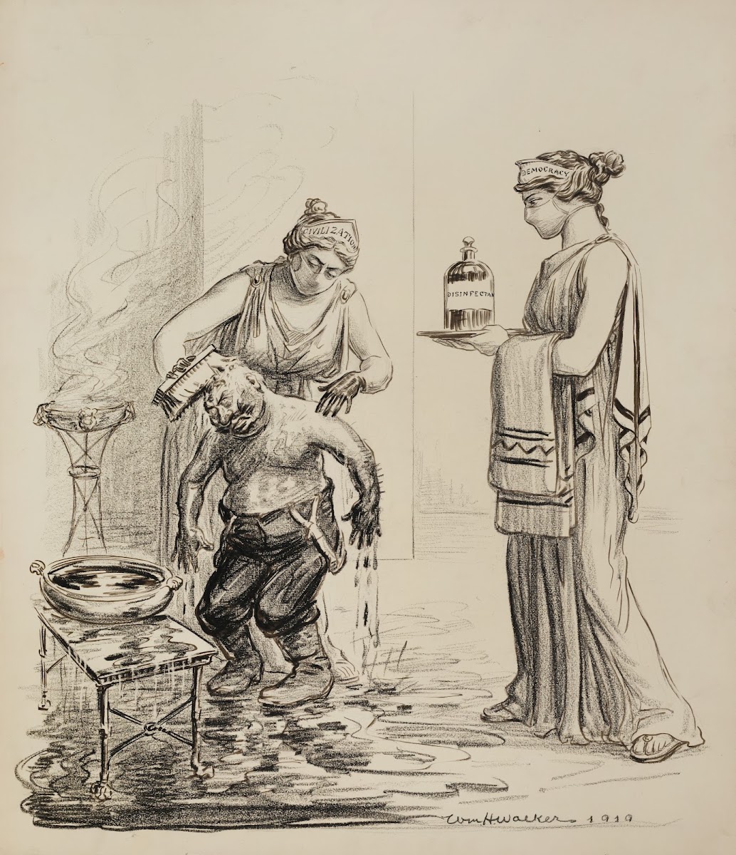 Two women representing Civilization and Democracy wear surgical masks and scrub
