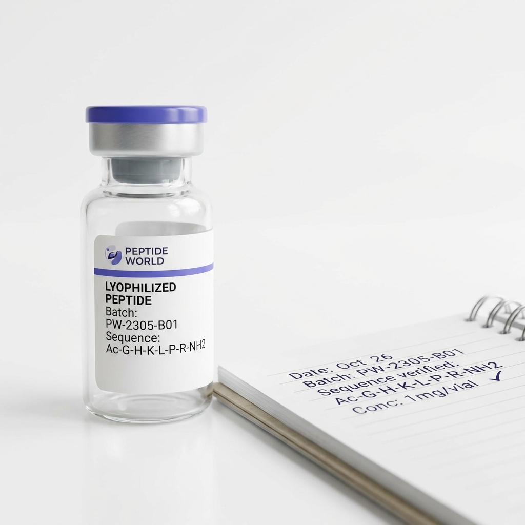 Close up of a Peptide World lyophilized peptide vial labeled 6GIL beside open lab notebook showing batch number and sequence field on a clean white background