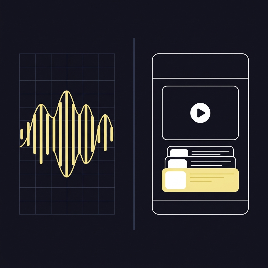 Minimalist 2D vector split illustration contrasting waveform audio output and a short video observation frame for mixed method monitoring Why Serve and Return Metrics Matter