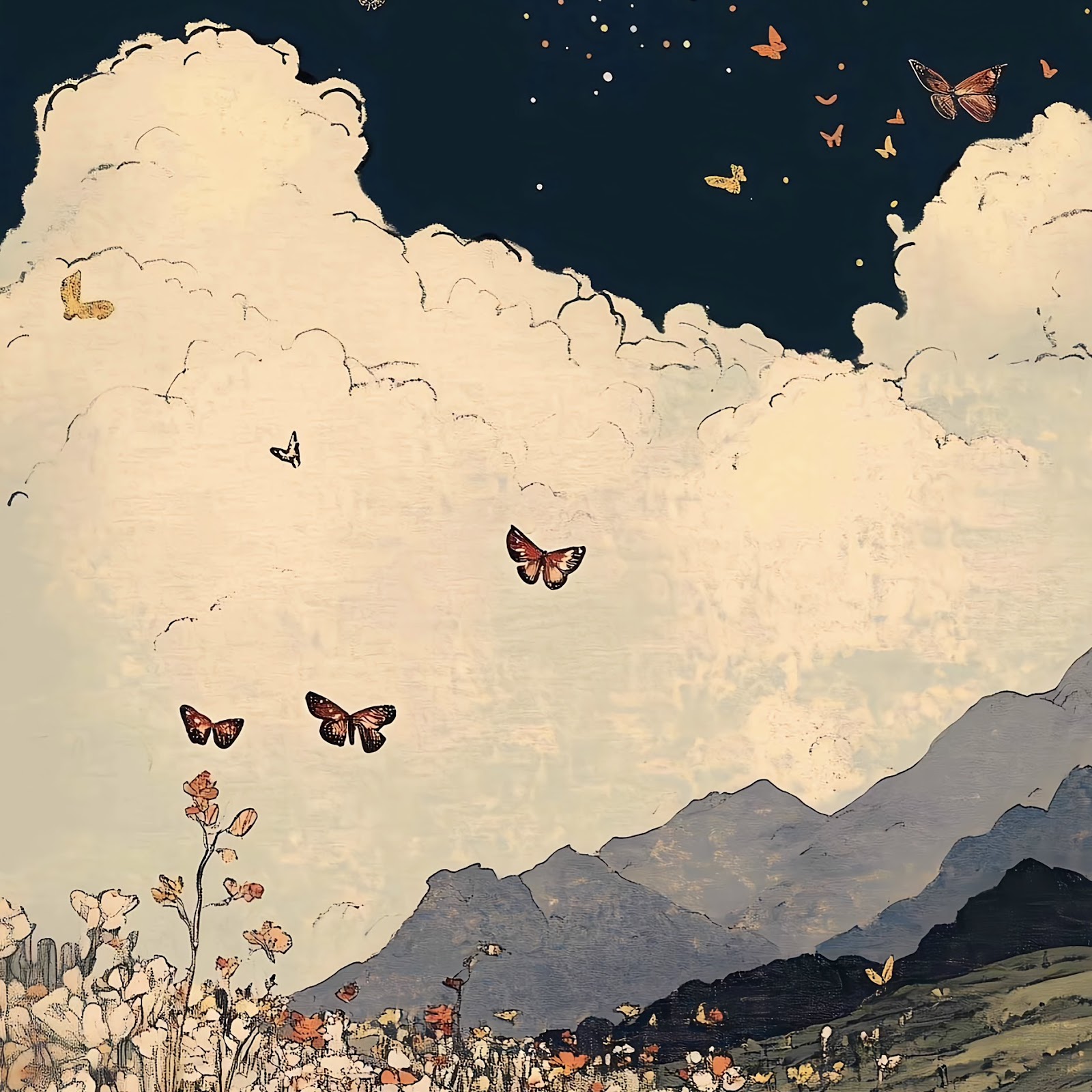 Download Cat Art, Butterfly, Meadow, Whimsical Illustration 2K iPhone