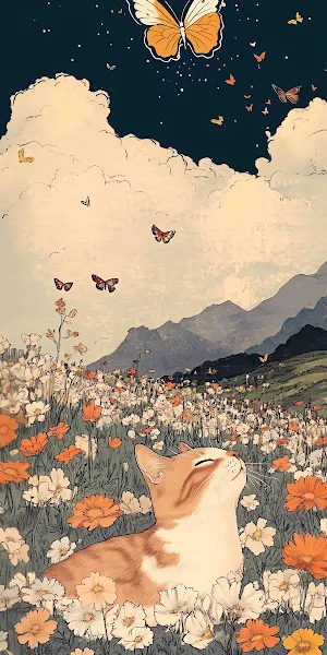 Cat Art, Butterfly, Meadow, Whimsical Illustration 2K iPhone Wallpaper Background
