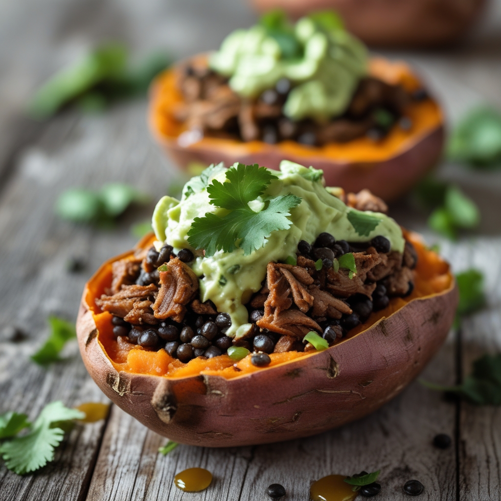 Smoky Adobo Pork & Black Lentil Loaded Sweet Potatoes with Avocado-Lime Crema