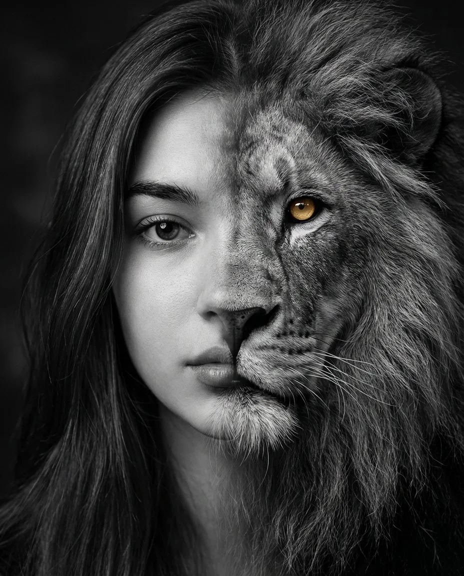 Retrato cinematográfico de fusión humano-león: blanco y negro ultrarrealista