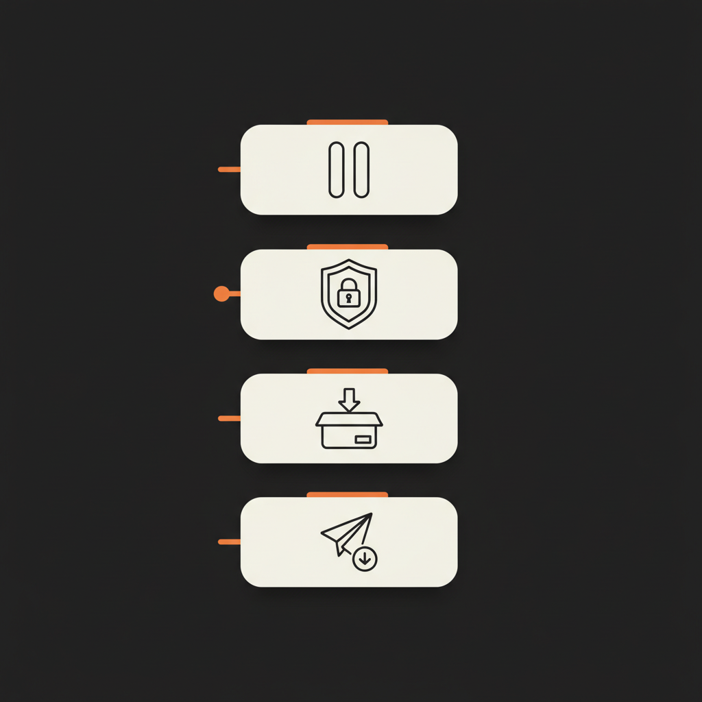 Minimal vector infographic with four step icons (pause automation, change password, archive posts, appeal) in Social Success Hub brand colors on black background for shadowban guidance.