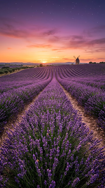 Lavender Fields at Sunset with Windmill Silhouette and First Stars - Free mobile Wallpaper