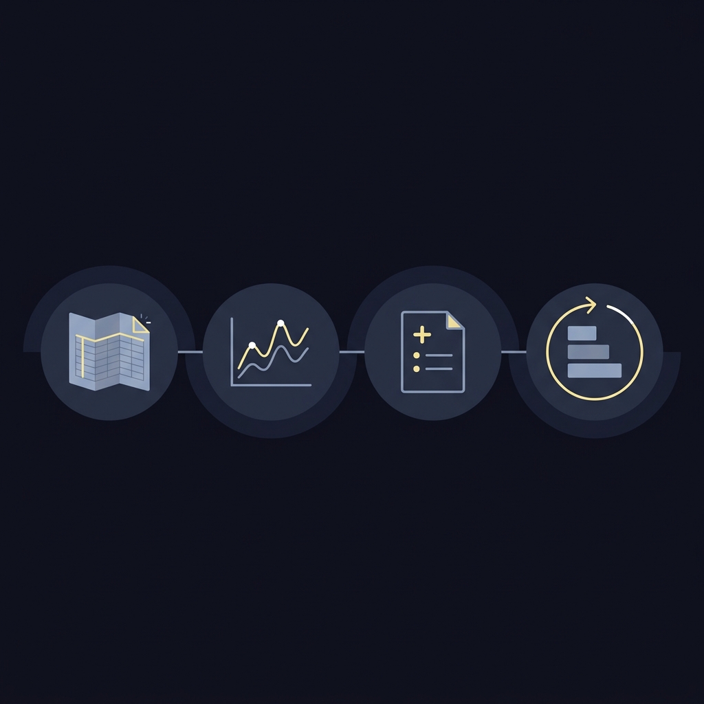 Minimal 2D vector checklist infographic for nfl spread tomorrow showing four flat icons read spread compare lines check injury report and run quick rating conversion on dark Funded Plays background