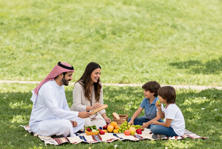عائلة شرق أوسطية تتناول نزهة صحية في حديقة