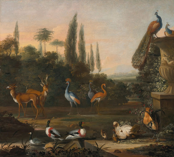 Landscape with deer and exotic birds