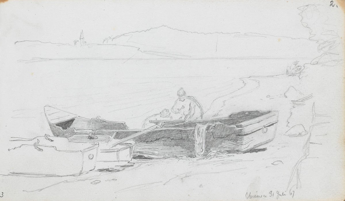 Båter og figurer på stranden Chiemsee 1867