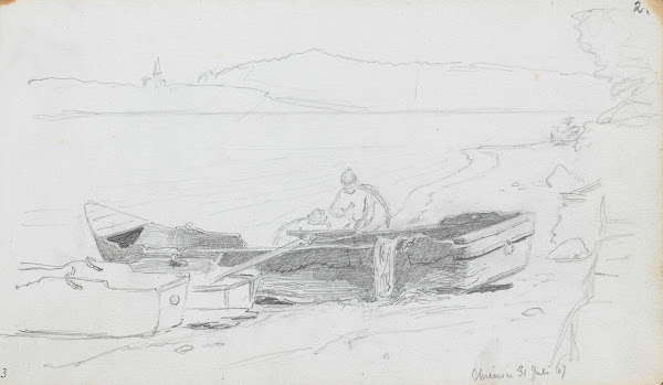 Båter og figurer på stranden Chiemsee 1867