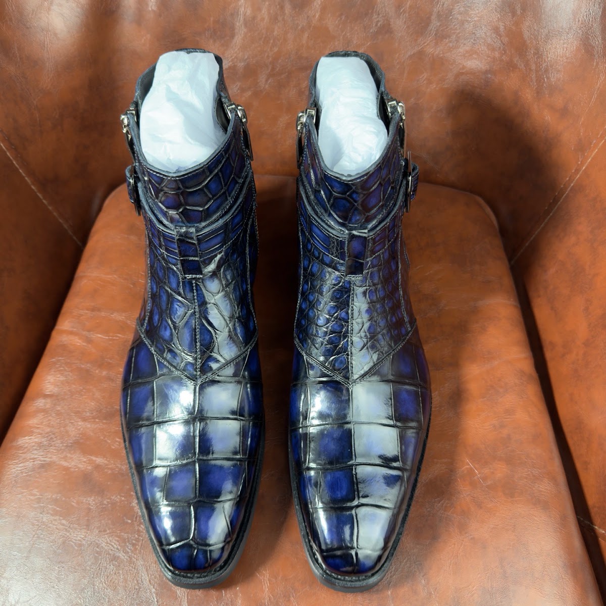 patina blue genuine alligator leather ankle boots with double buckles for men - detail 4