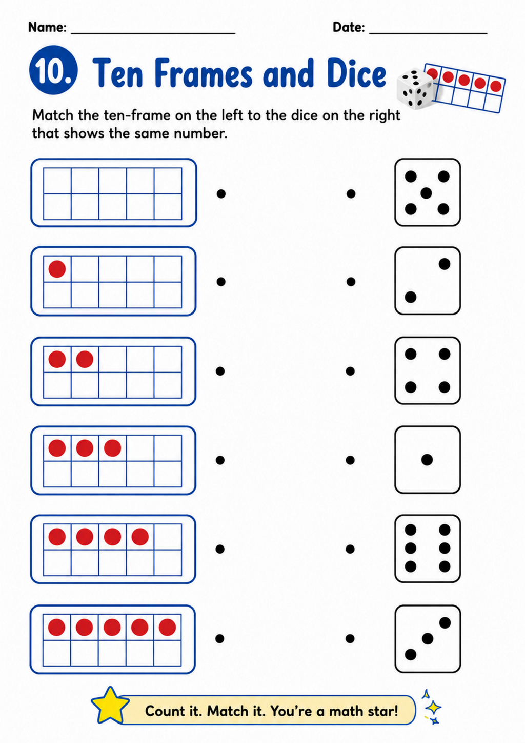 Ten Frames and Dice Worksheet