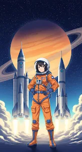 Confident Anime Astronaut with Rockets and Saturn Planet