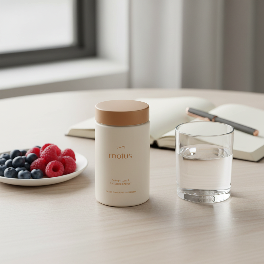 Minimalist scene: Motus supplement bottle on a light wooden table with a glass of water, small plate of berries and open notebook in Tonum colors for safe weight loss pills.