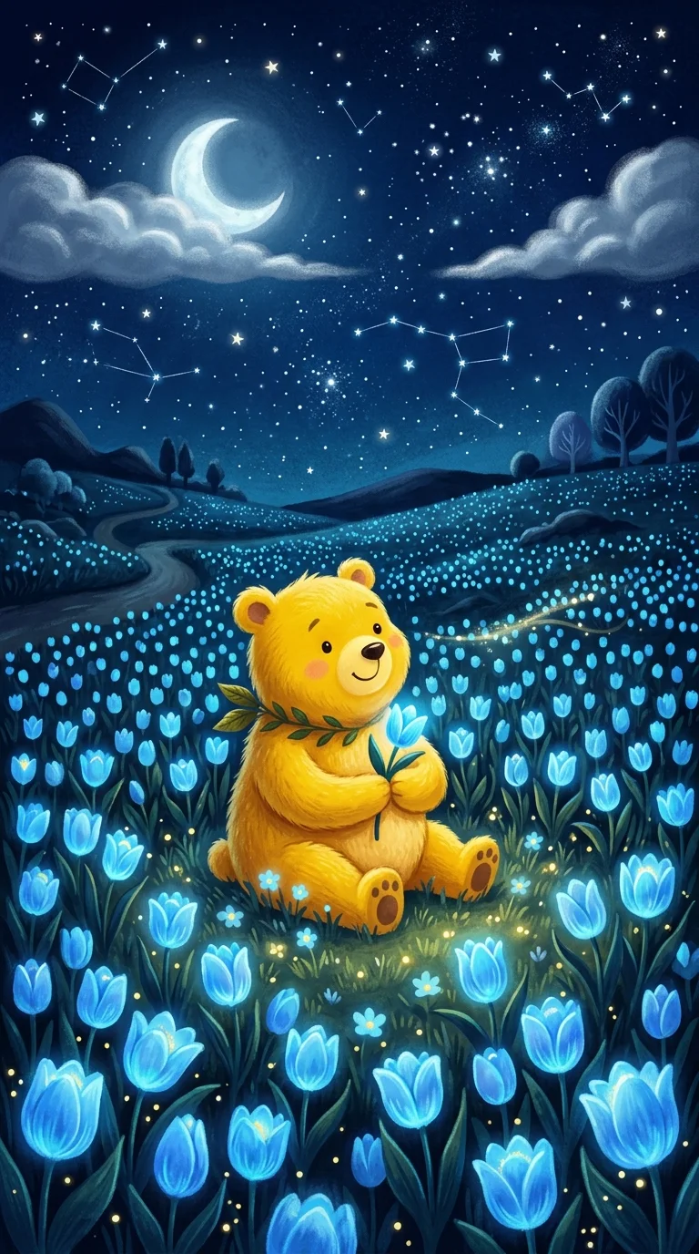 Whimsical Surreal Scene with Yellow Bear and Blue Tulips - Free 4K mobile Wallpaper