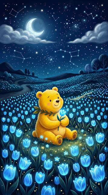 Whimsical Surreal Scene with Yellow Bear and Blue Tulips - Free mobile Wallpaper
