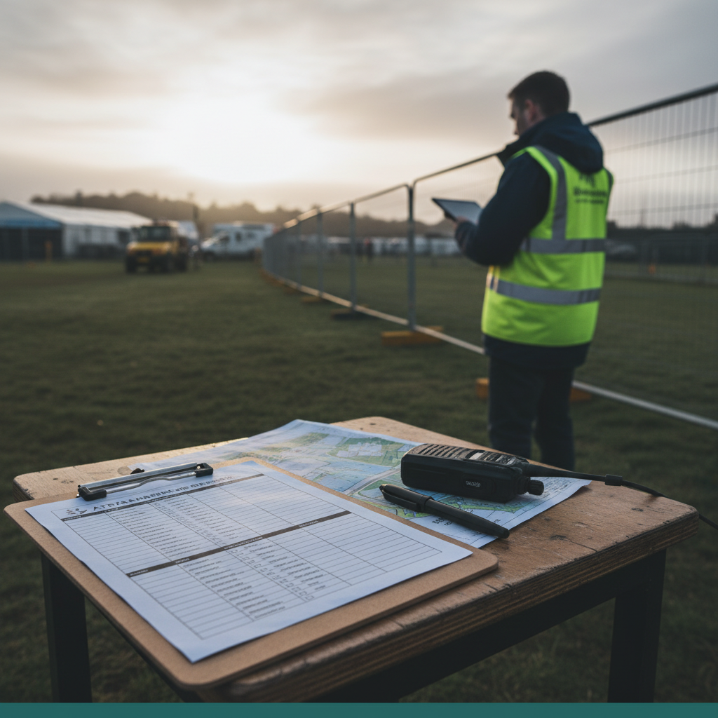 UK event marshalling area at first light. Steward in dark jacket and yellow hi-vis vest stands with a tablet looking at the venue perimeter. In the foreground, a clipboard with an attendance sheet, a folded site plan, a radio handset and a pen rest on a small wooden table.