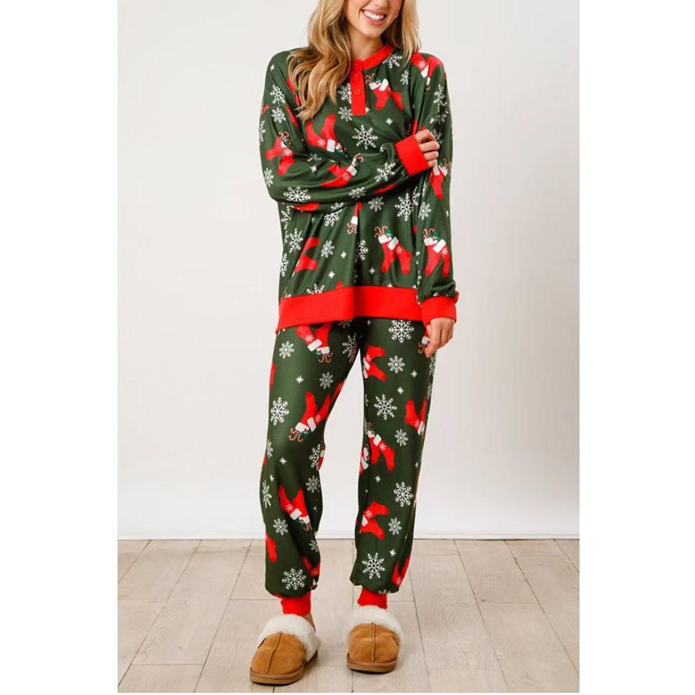 Ladies' loungewear set, long-sleeved, with button placket and print