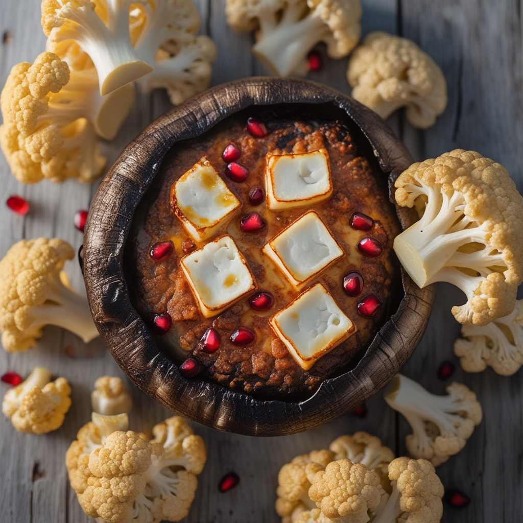 Harissa-Spiced Halloumi & Golden Cauliflower Stuffed Portobellos with Lemon-Date Glaze