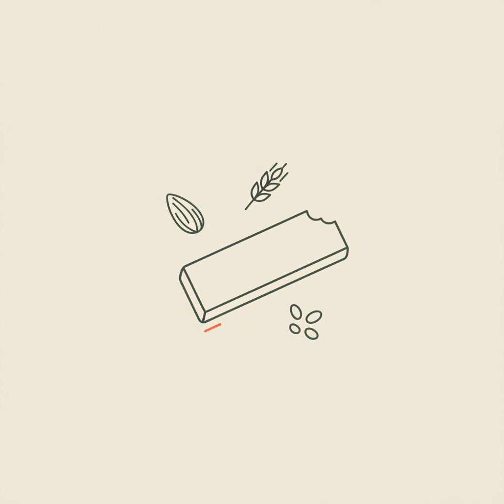 Minimal vector line illustration of the healthiest protein bar with almond and oat ingredient icons on a beige Tonum-style background