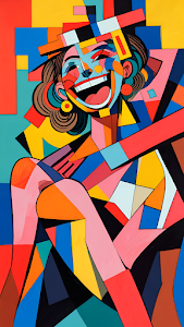 Vibrant Cubist Geometric Portrait of Laughing Woman