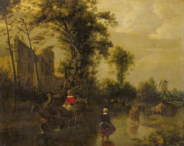A river landscape with a horse drawn cart carrying a lady with baskets of vegeta