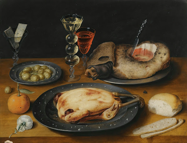 A Still Life Of A Roast Chicken A Ham And Olives On Pewter Plates With A Bread R