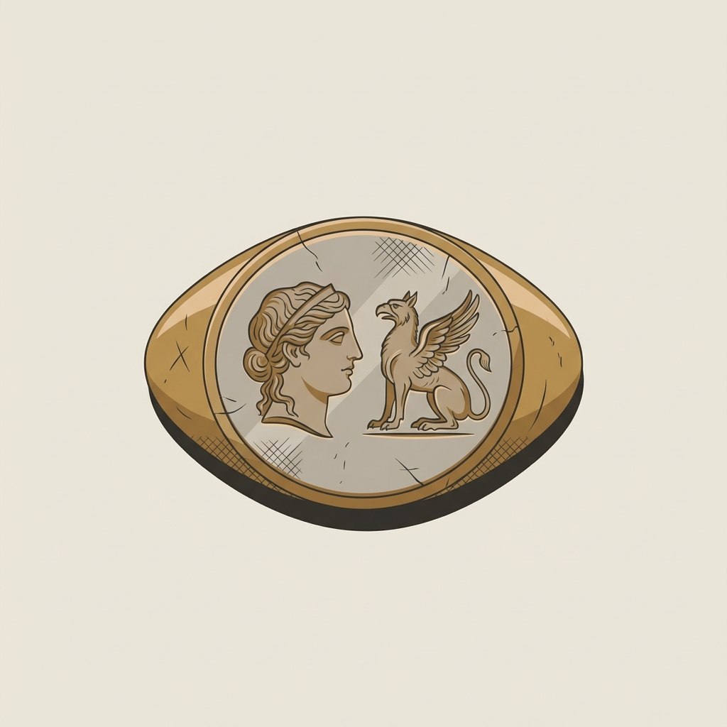 Macro 2D vector depiction of a classical bronze ring bezel with intaglio showing patina tool marks and age wear in Aurora Antiqua palette ancient greek engagement rings