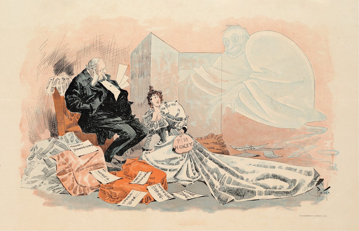 A man and woman sit looking at a ghost 1895