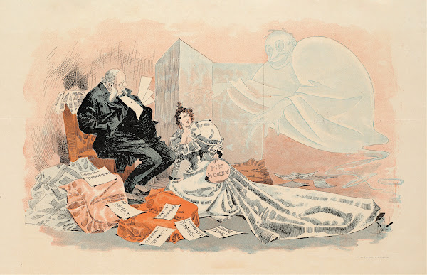 A man and woman sit looking at a ghost 1895