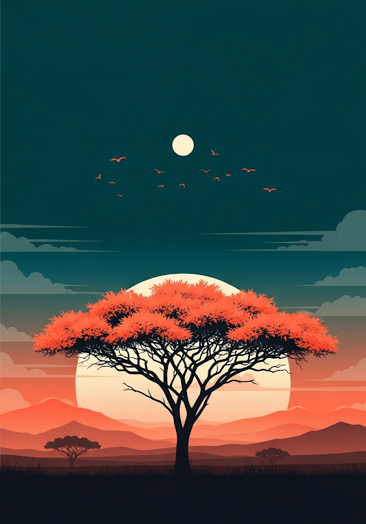 Minimalist Sunset Savannah Tree