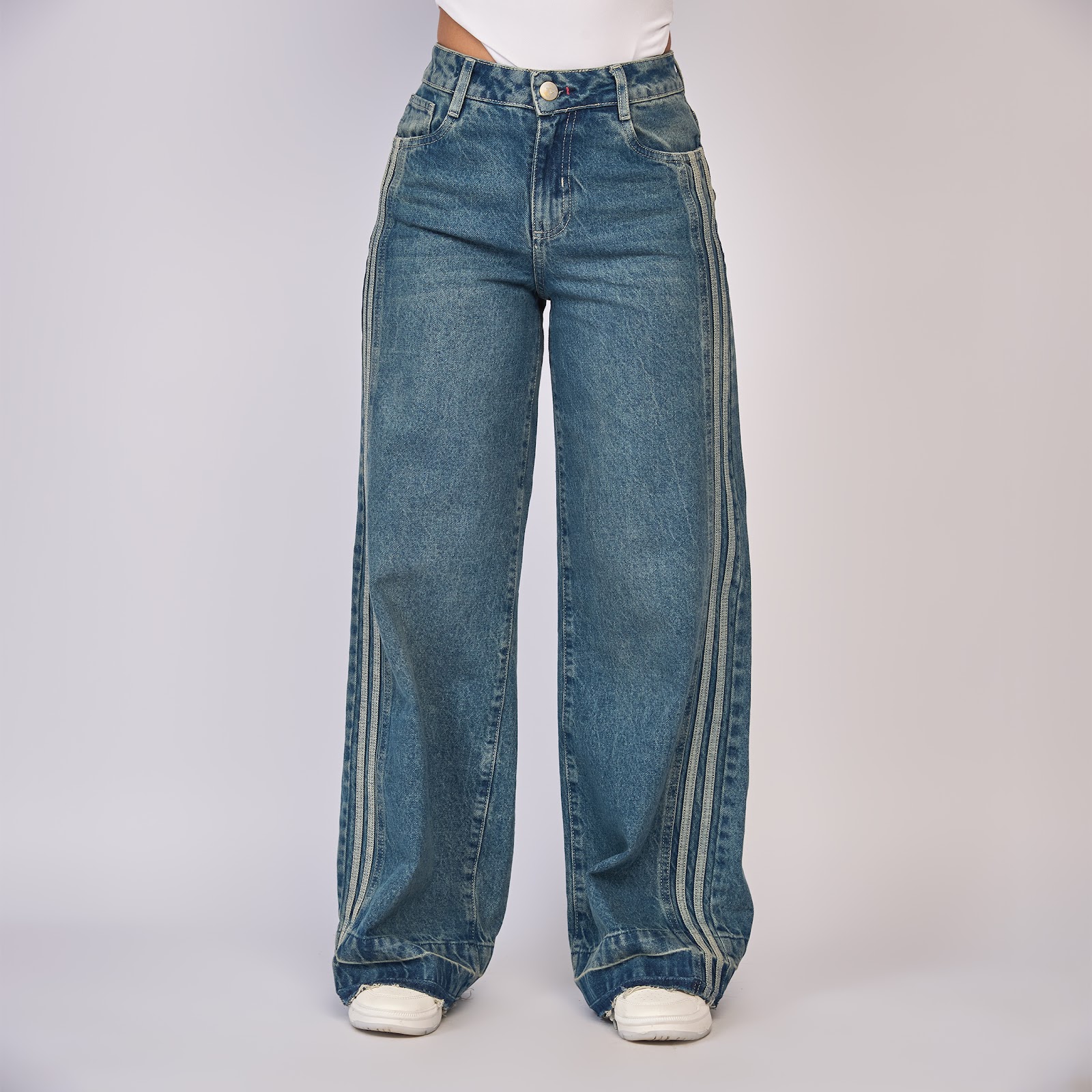 Jean wide leg tiro alto rígido con sesgo lateral en contraste, color Azul medio - Vista 4