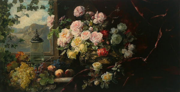 A Rich Bouquet of Flowers in a Brass Pot and Grapes before a Red Curtain