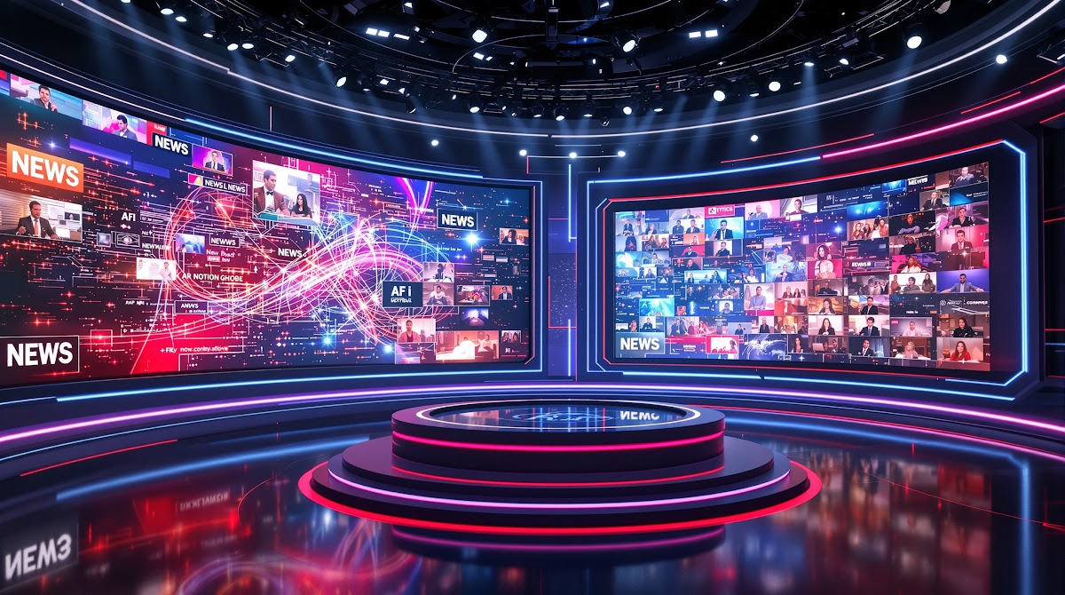 글로벌 뉴스 방송국 스튜디오에서 AI 뉴스통역 시스템이 실시간으로 다양한 언어로 뉴스 자막을 생성하고, 여러 국가의 시청자들이 동시에 뉴스를 시청하는 다채로운 환경의 실제 상황