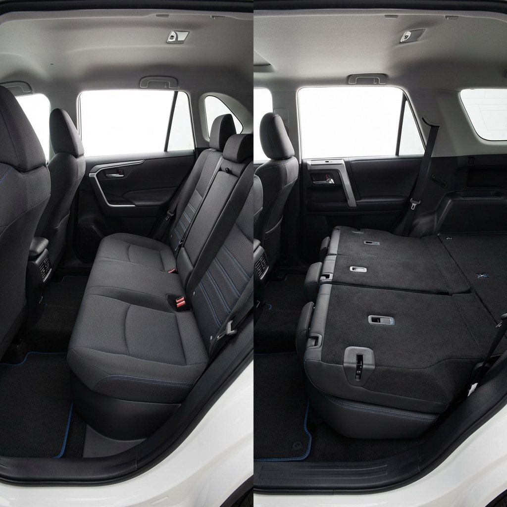 Side by side interior comparison of Toyota RAV4 rear seats and used 4runner for sale cargo area showing space and layout differences on a clean white background with blue accents