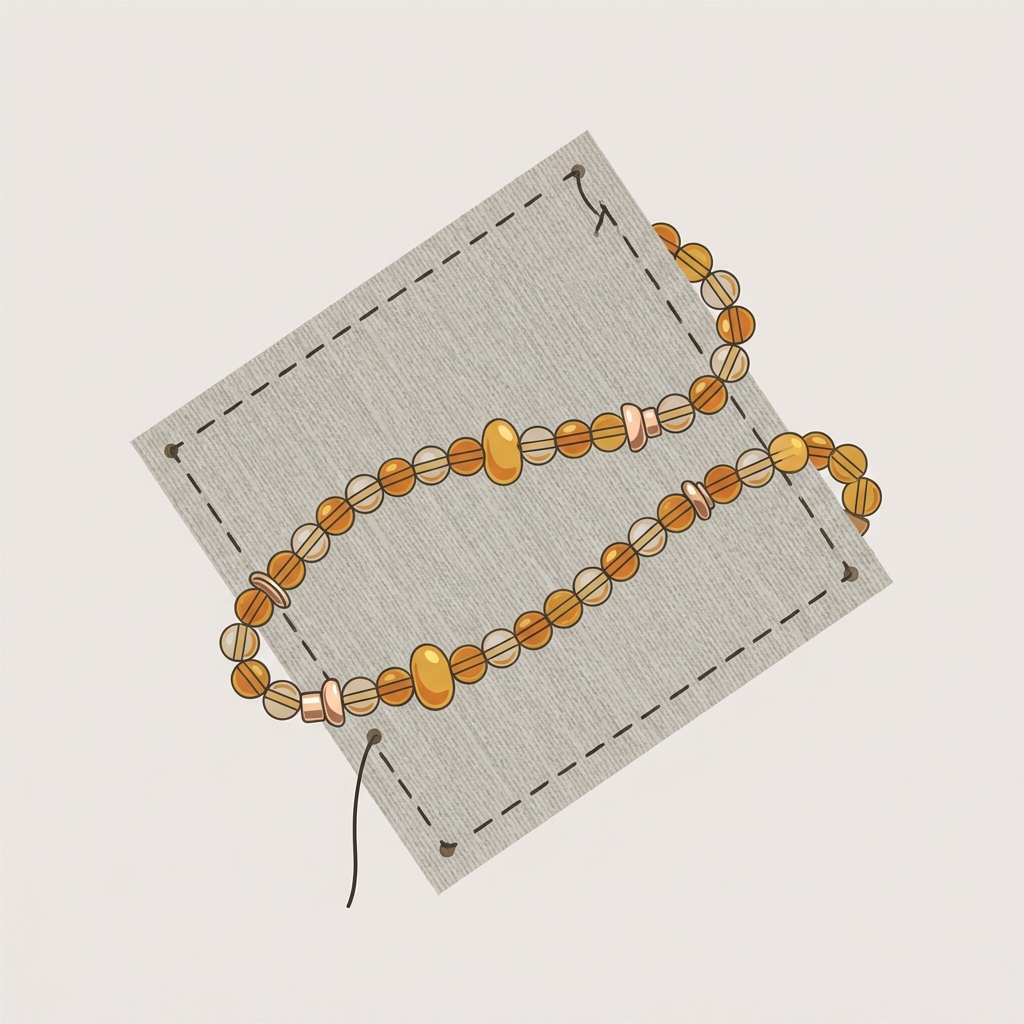 Minimalist 2D vector close up of amber and glass bead strands on linen under tunic with visible hand sewing and weave in Aurora Antiqua palette ancient viking wedding rings