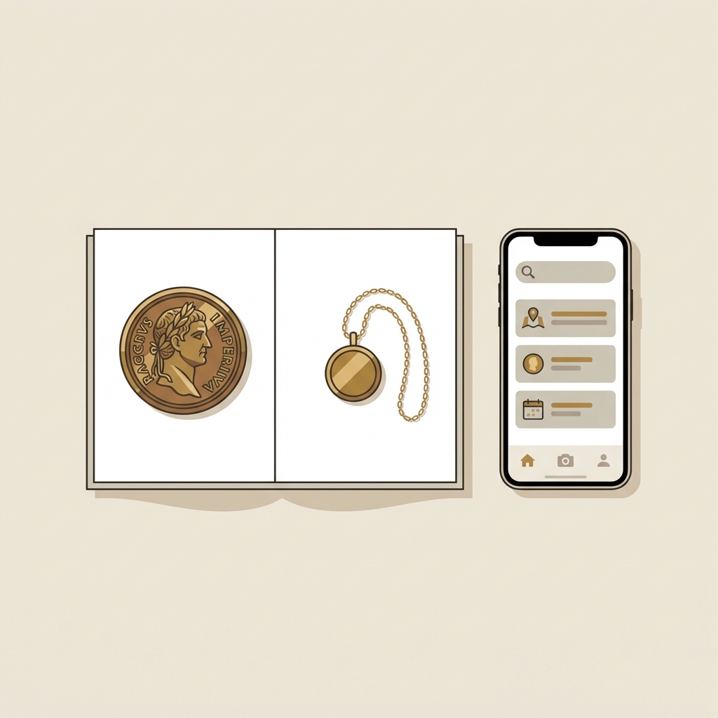 Minimalist 2D vector open catalog plate showing a Roman Imperial coin illustration next to a smartphone displaying a Portable Antiquities Scheme entry and a small coin pendant suggesting roman coin jewelry