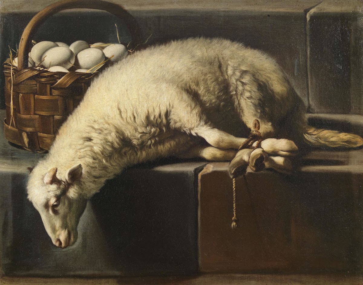 A ligated lamb besides a basket of eggs an Allegory of Easter