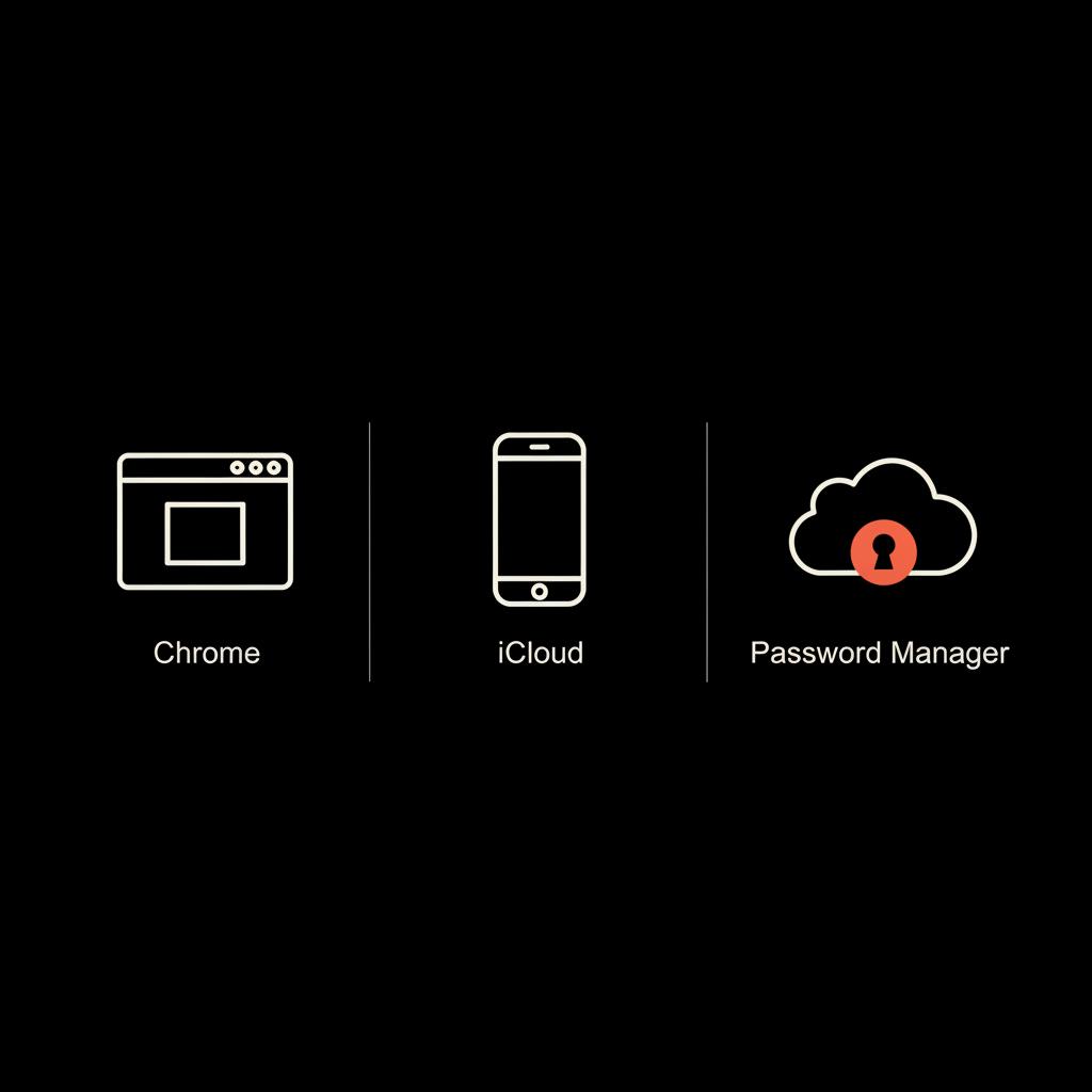 Minimal infographic of a browser window, smartphone and cloud icons labeled Chrome, iCloud and Password Manager on black background to illustrate view saved gmail password