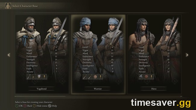 ELDEN RING character-creation screen showing starting classes with their level and attribute spreads — a class only sets your starting stats and gear