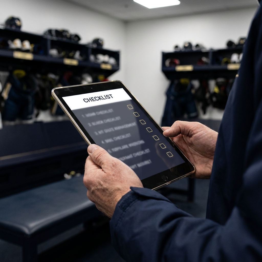 Close up of a coach reviewing a tablet checklist in a hockey locker room before a game showing How Back-to-Back Games Affect NHL Teams through focused pregame preparation