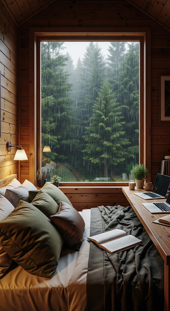 Cozy Rustic Cabin Interior View with Rainy Window and Forest Outside - Free mobile Wallpaper