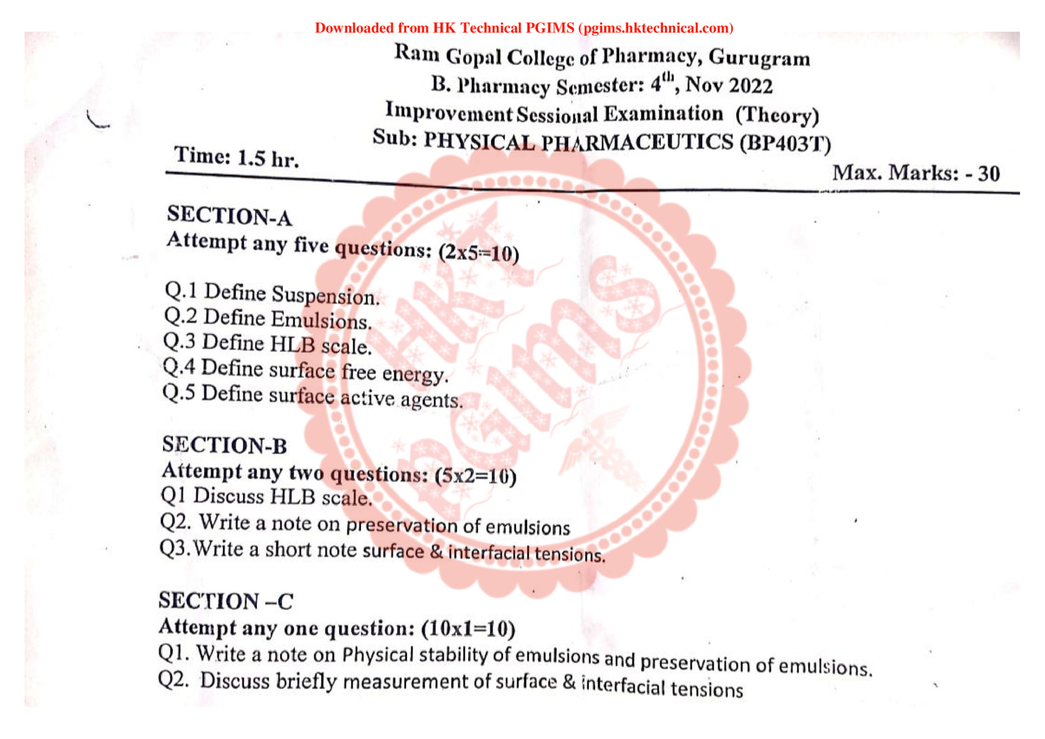 BP403T physical pharmaceutics improvement sessional RGCP 4th Semester B.Pharmacy Previous Year's Question Paper,BP403T Physical Pharmaceutics II,BPharmacy,Previous Year's Question Papers,BPharm 4th Semester,Improvement sessional RGCP Uhsr,